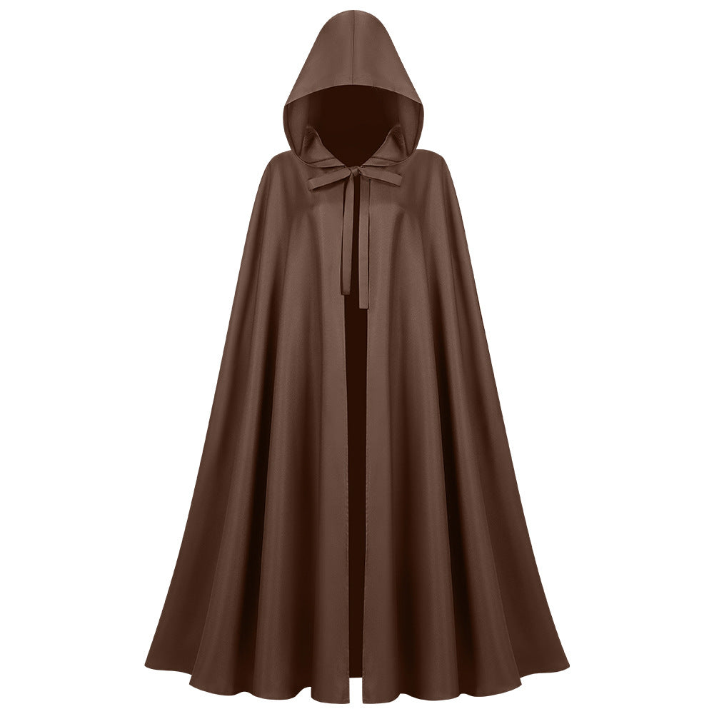 Lange unisex cape met capuchon van waterafstotend polyester met een wijd uitlopende snit en striksluiting