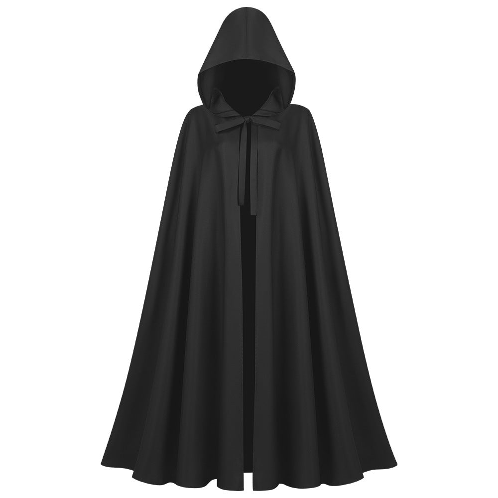 Lange unisex cape met capuchon van waterafstotend polyester met een wijd uitlopende snit en striksluiting