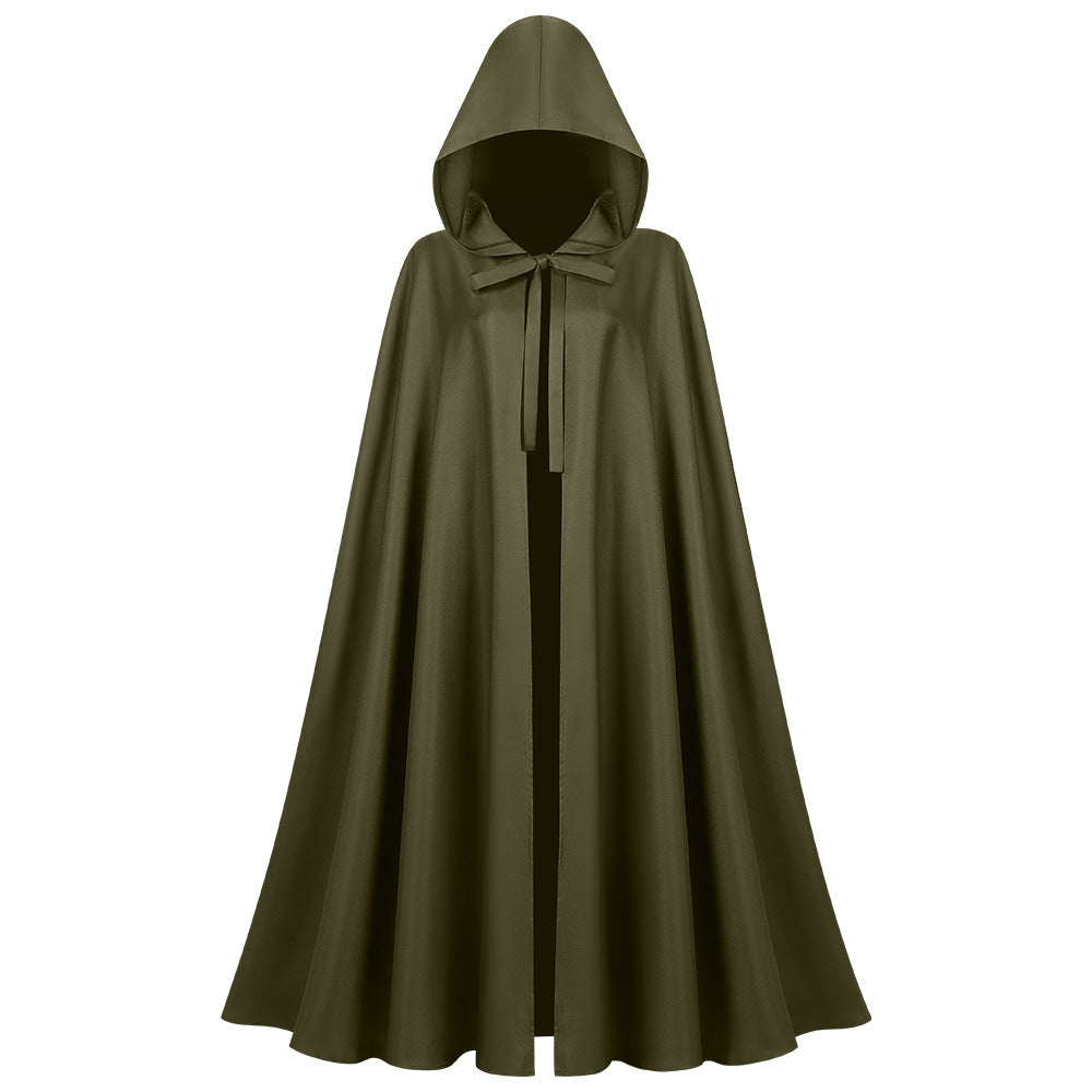 Lange unisex cape met capuchon van waterafstotend polyester met een wijd uitlopende snit en striksluiting