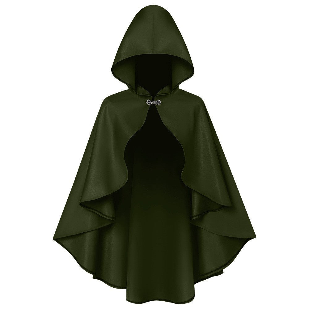 Lange unisex cape met capuchon van waterafstotend polyester met een wijd uitlopende snit en striksluiting