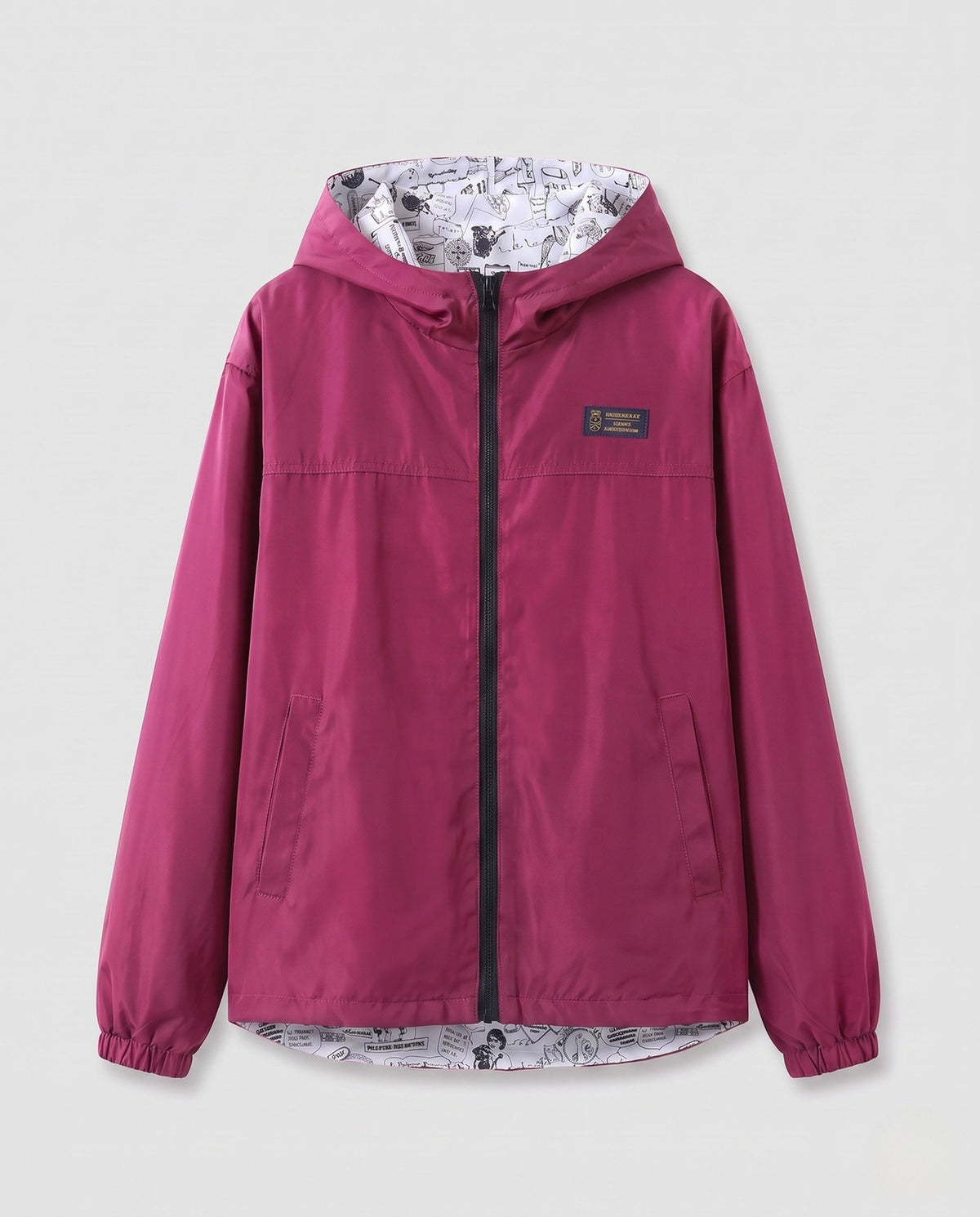 Lichtgewicht unisex windjack met capuchon, bedrukte voering en trekkoord