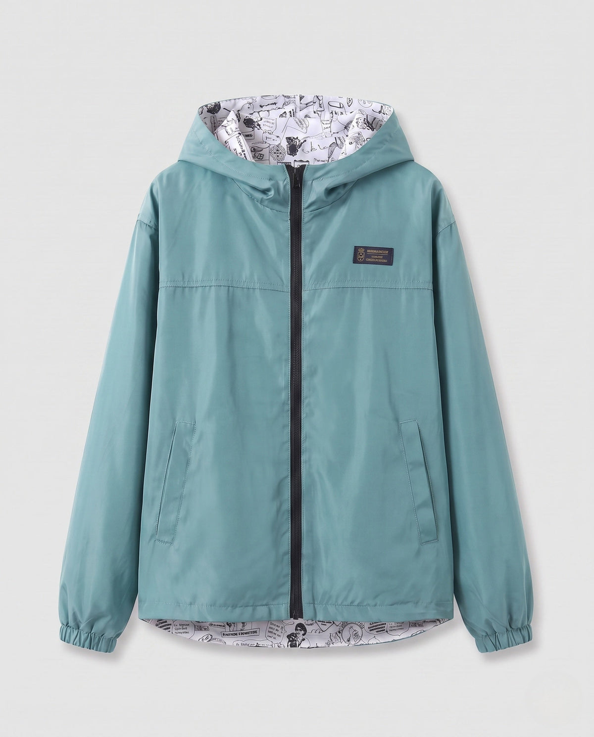 Lichtgewicht unisex windjack met capuchon, bedrukte voering en trekkoord