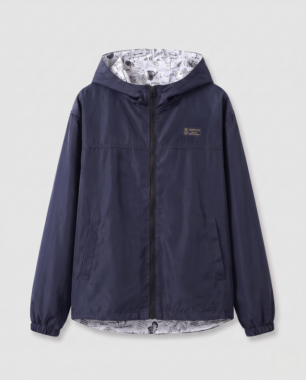 Lichtgewicht unisex windjack met capuchon, bedrukte voering en trekkoord