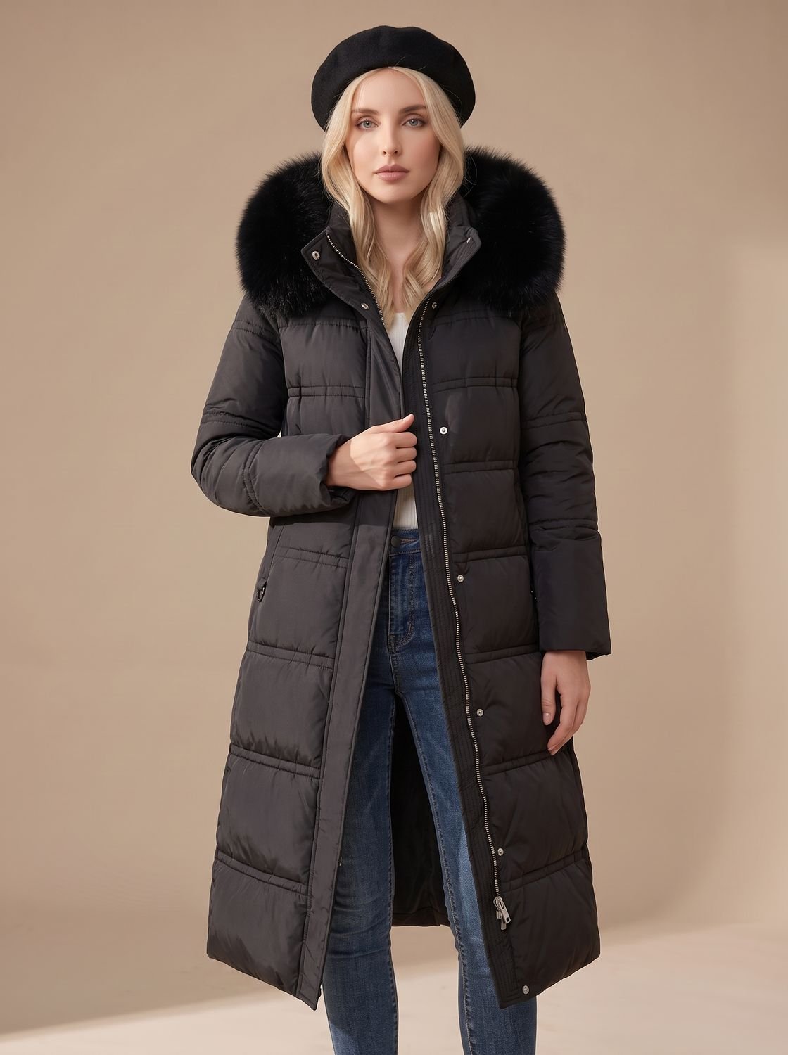 Luxe lange puffer parka winterjas voor dames met bontcapuchon