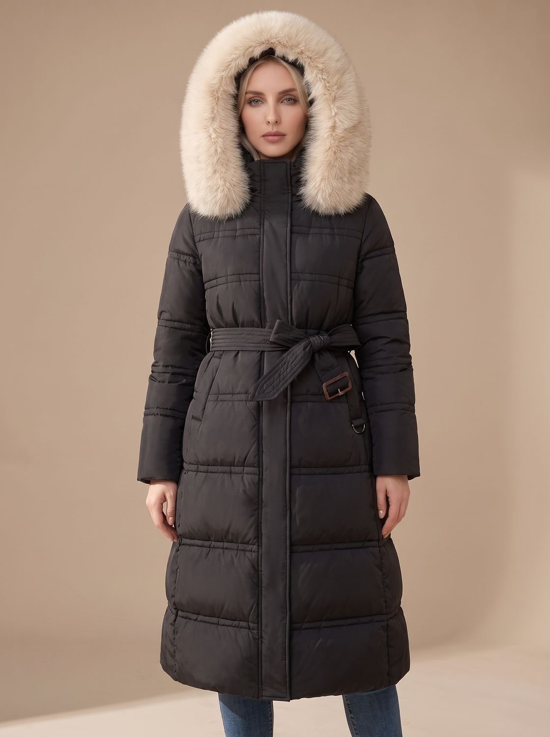 Luxe lange puffer parka winterjas voor dames met bontcapuchon