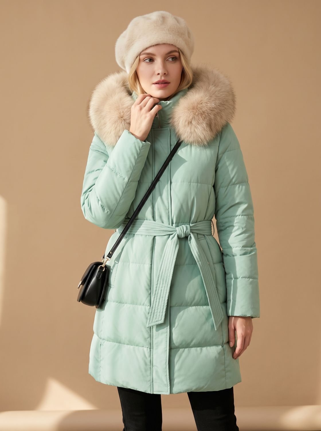 Luxe lange puffer parka winterjas voor dames met bontcapuchon