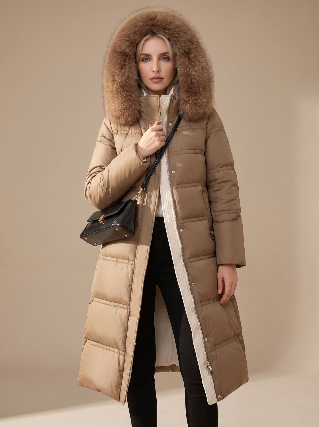 Luxe lange puffer parka winterjas voor dames met bontcapuchon