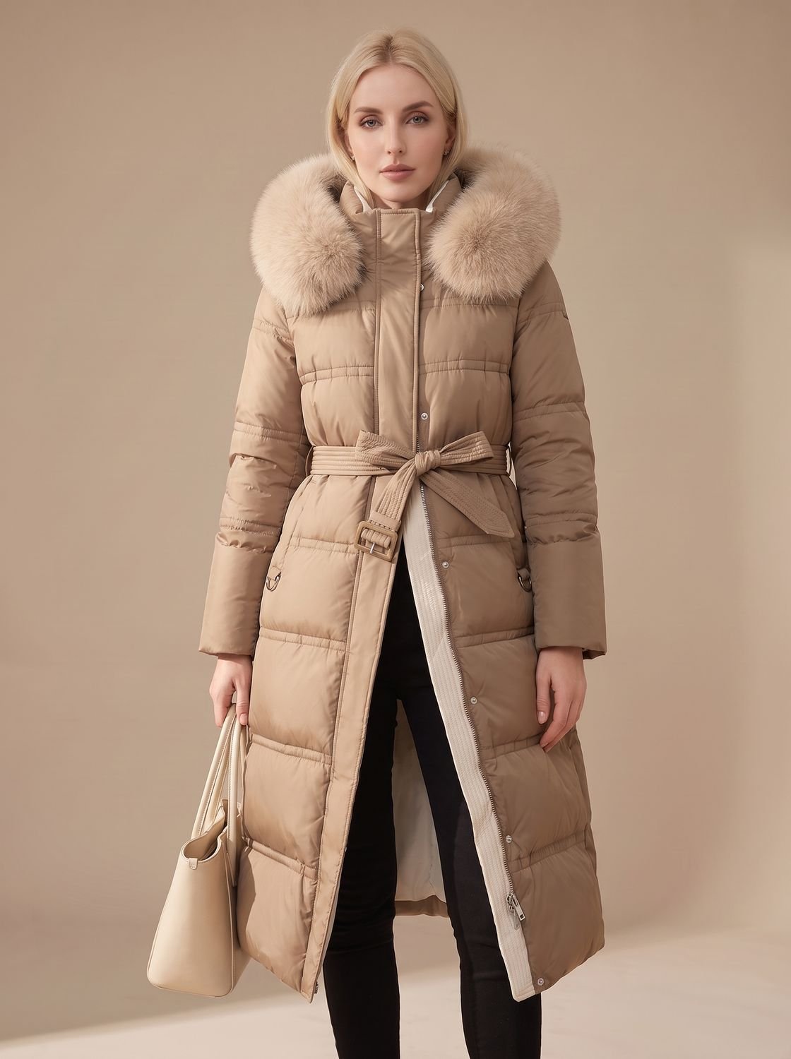 Luxe lange puffer parka winterjas voor dames met bontcapuchon