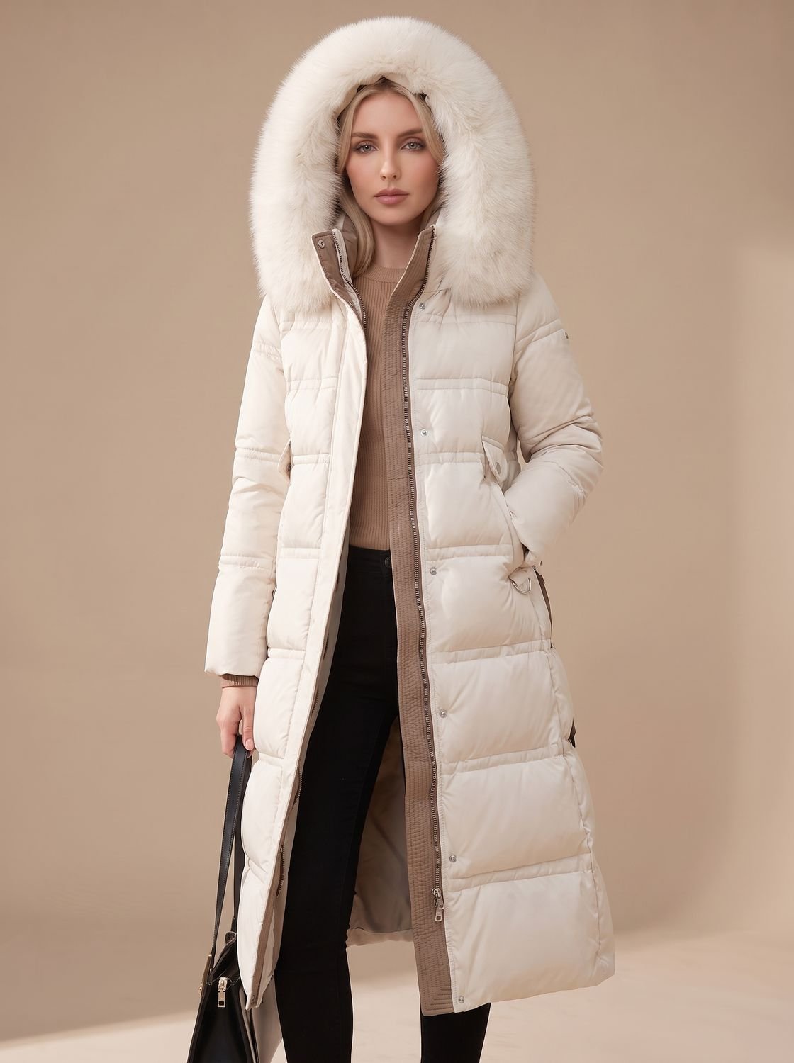 Luxe lange puffer parka winterjas voor dames met bontcapuchon