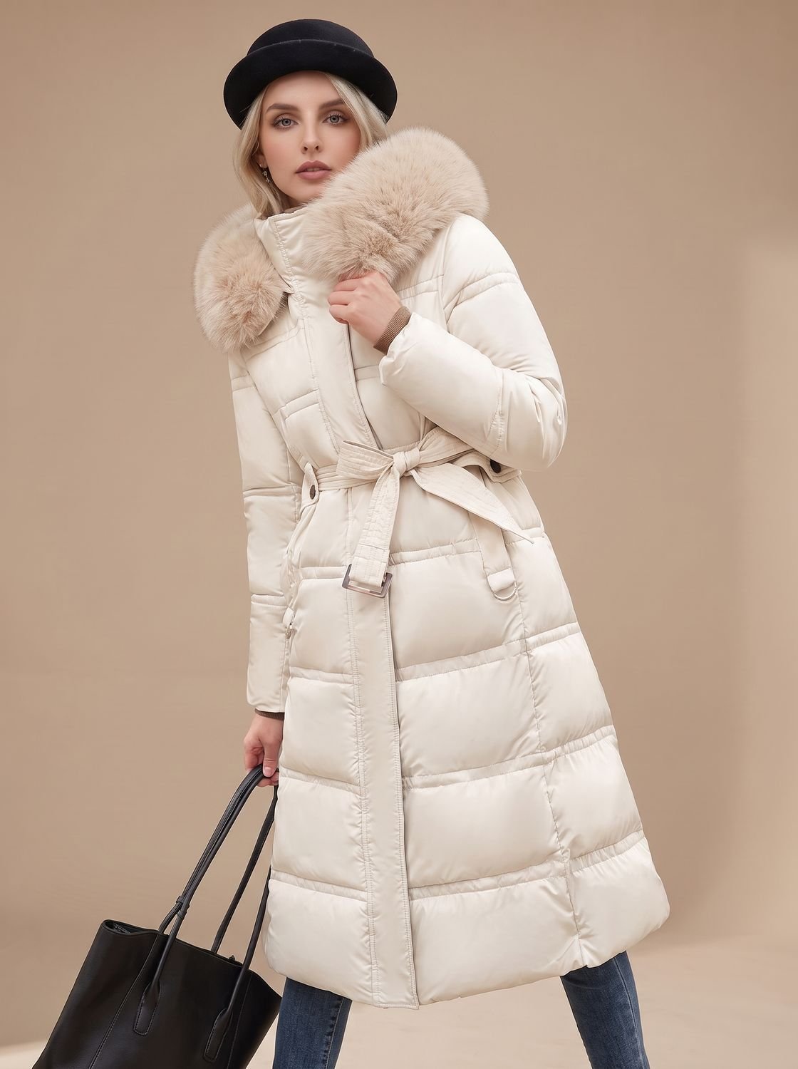 Luxe lange puffer parka winterjas voor dames met bontcapuchon