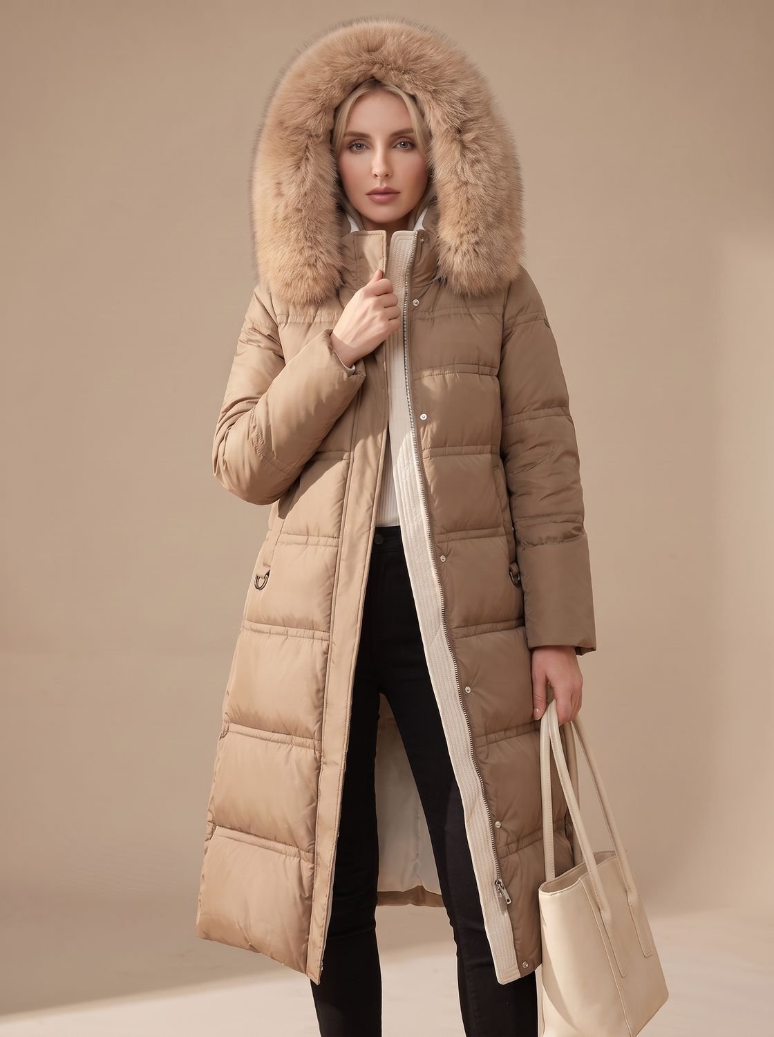 Luxe lange puffer parka winterjas voor dames met bontcapuchon