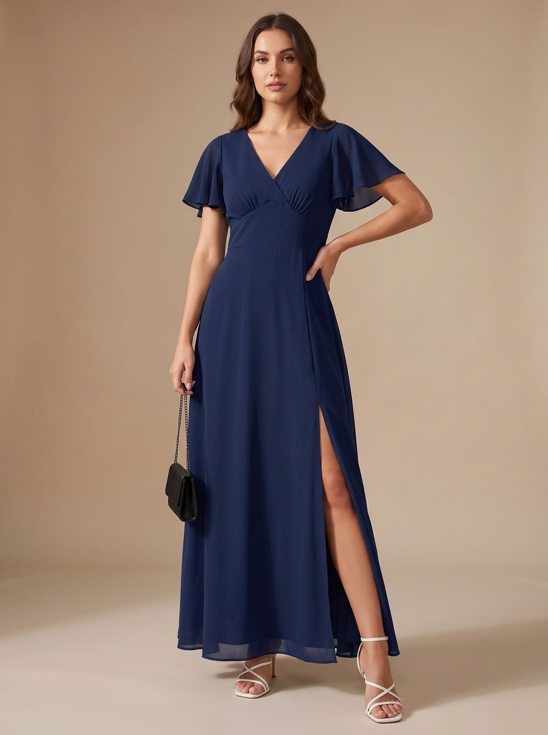 Maxi-jurk voor dames met V-hals, vlindermouwen, hoge taille en zijsplit