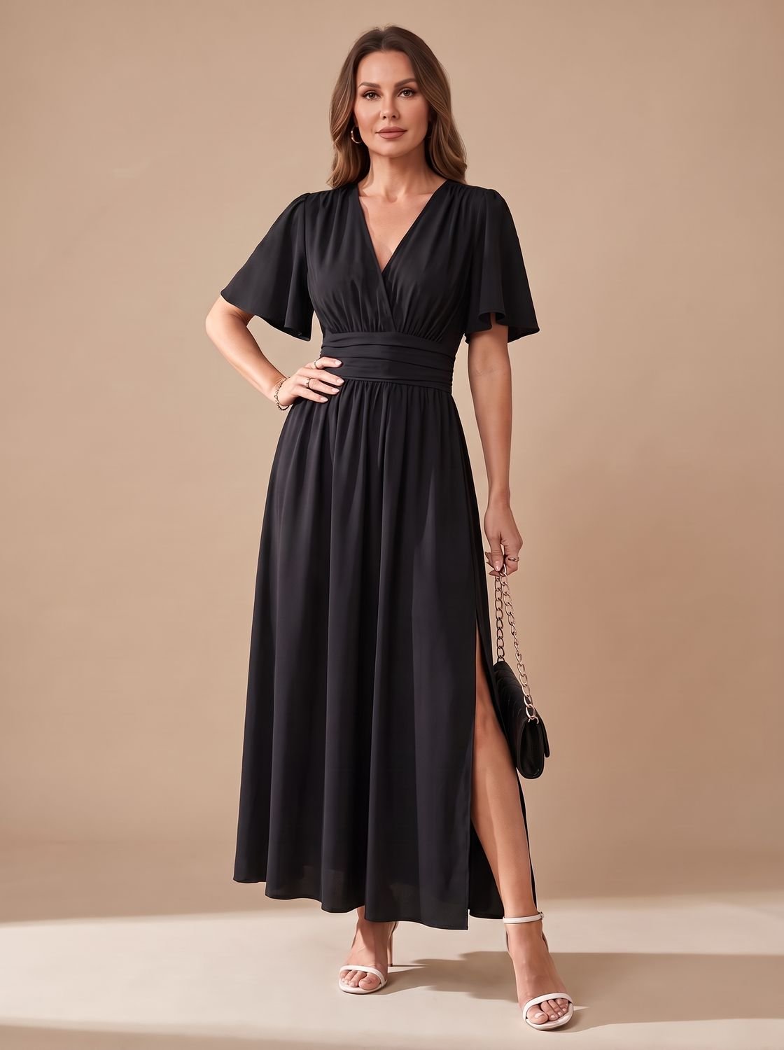 Maxi-jurk voor dames met V-hals, vlindermouwen, hoge taille en zijsplit
