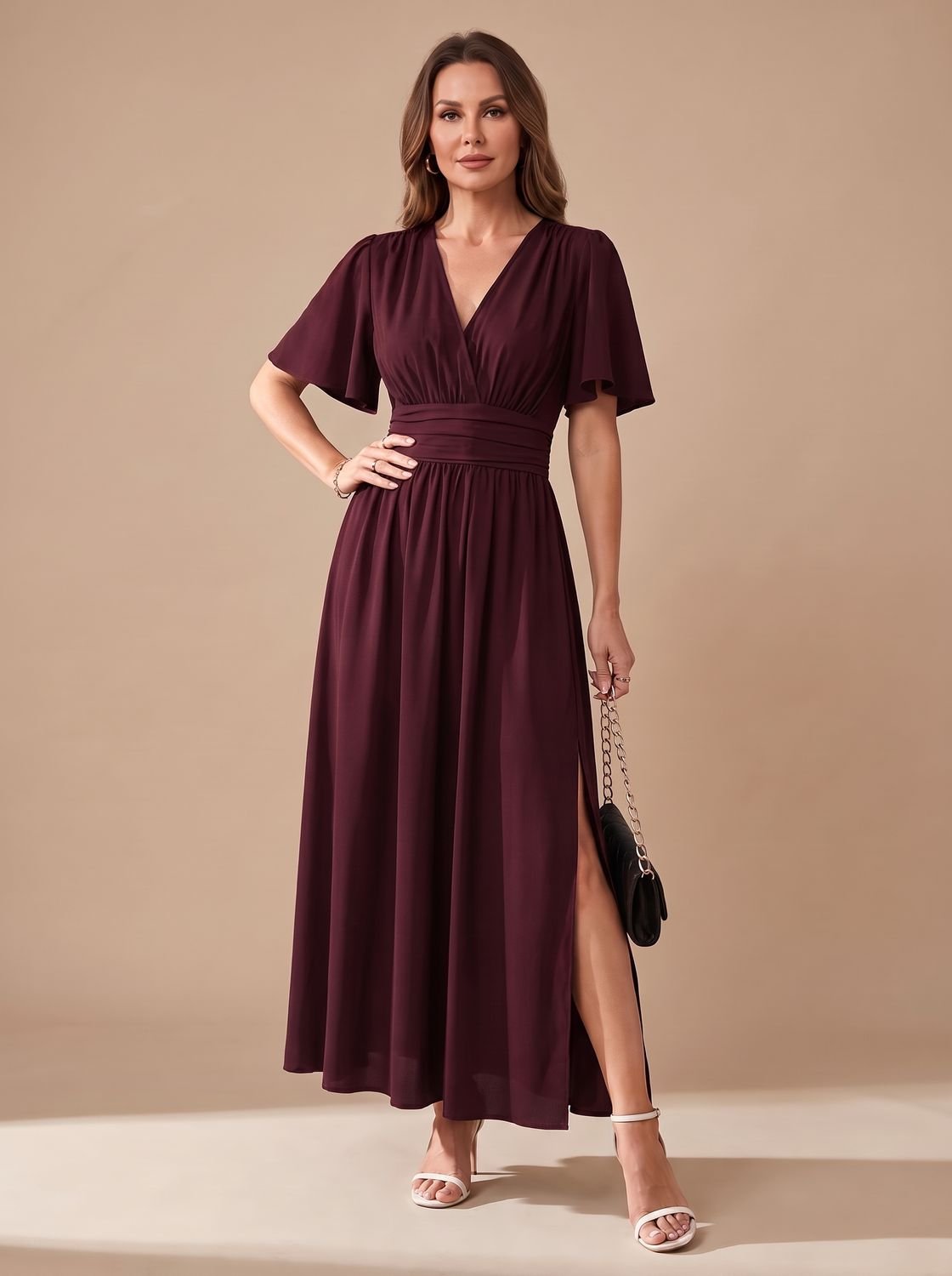 Maxi-jurk voor dames met V-hals, vlindermouwen, hoge taille en zijsplit