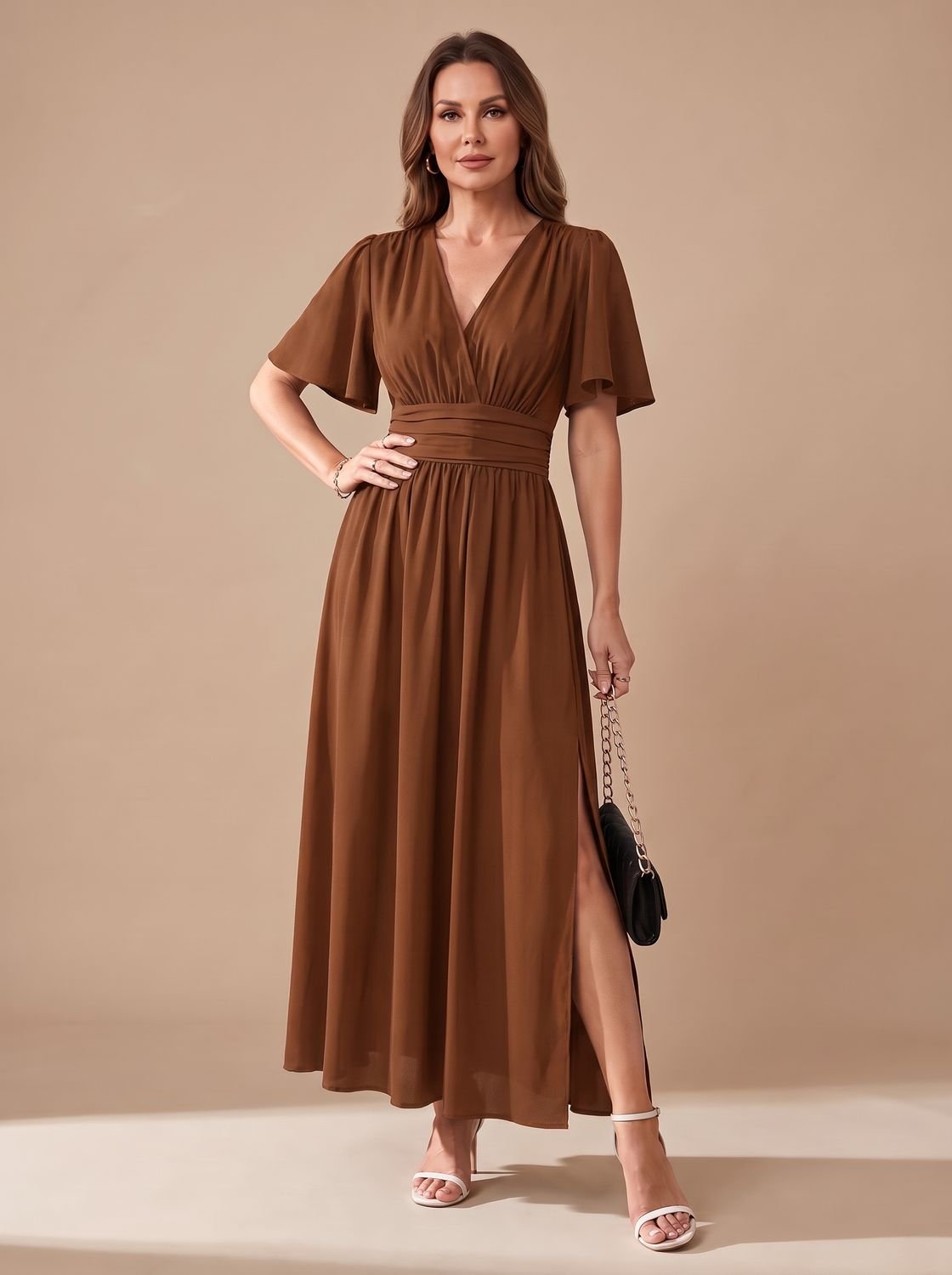 Maxi-jurk voor dames met V-hals, vlindermouwen, hoge taille en zijsplit