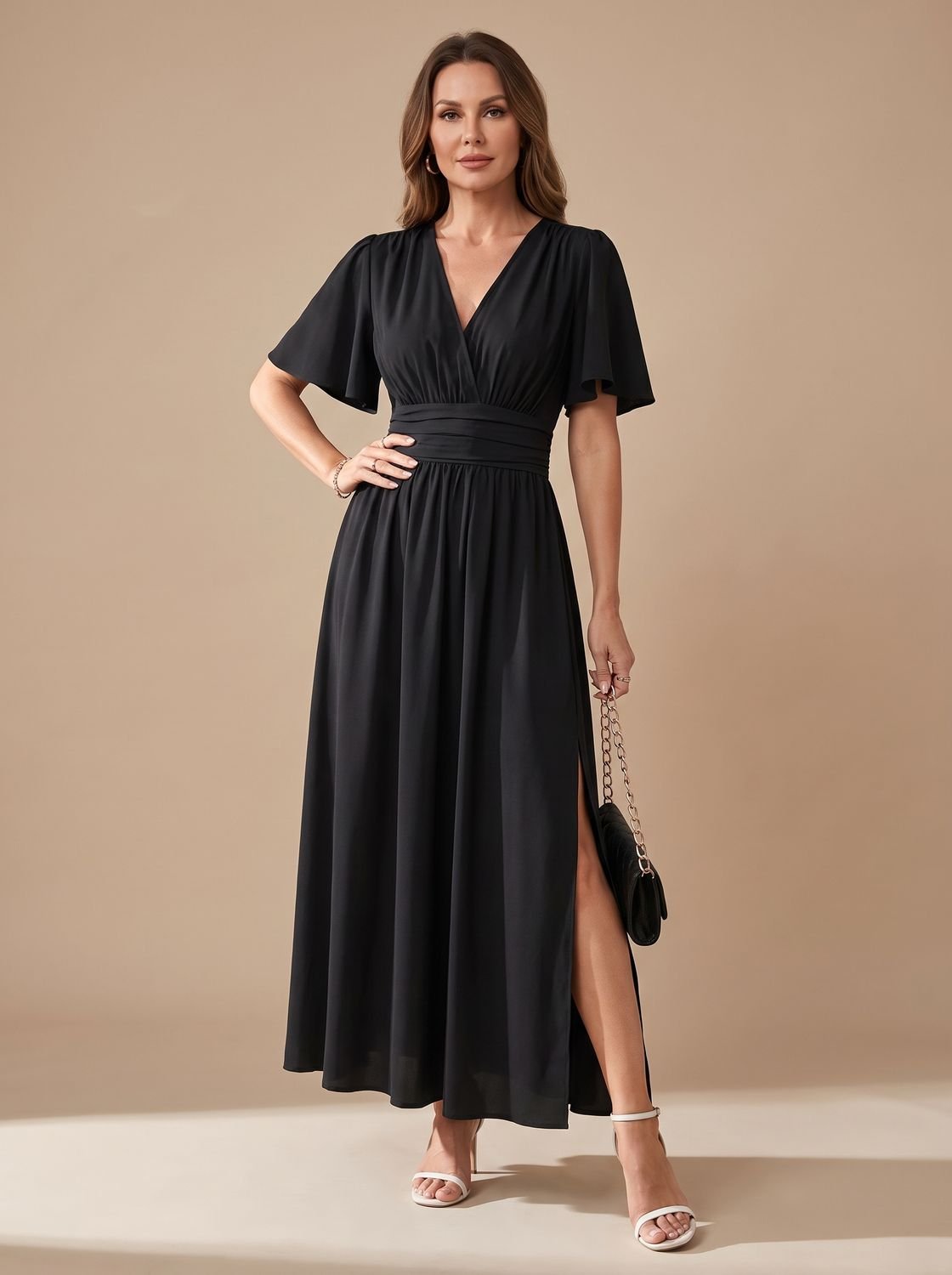 Maxi-jurk voor dames met V-hals, vlindermouwen, hoge taille en zijsplit