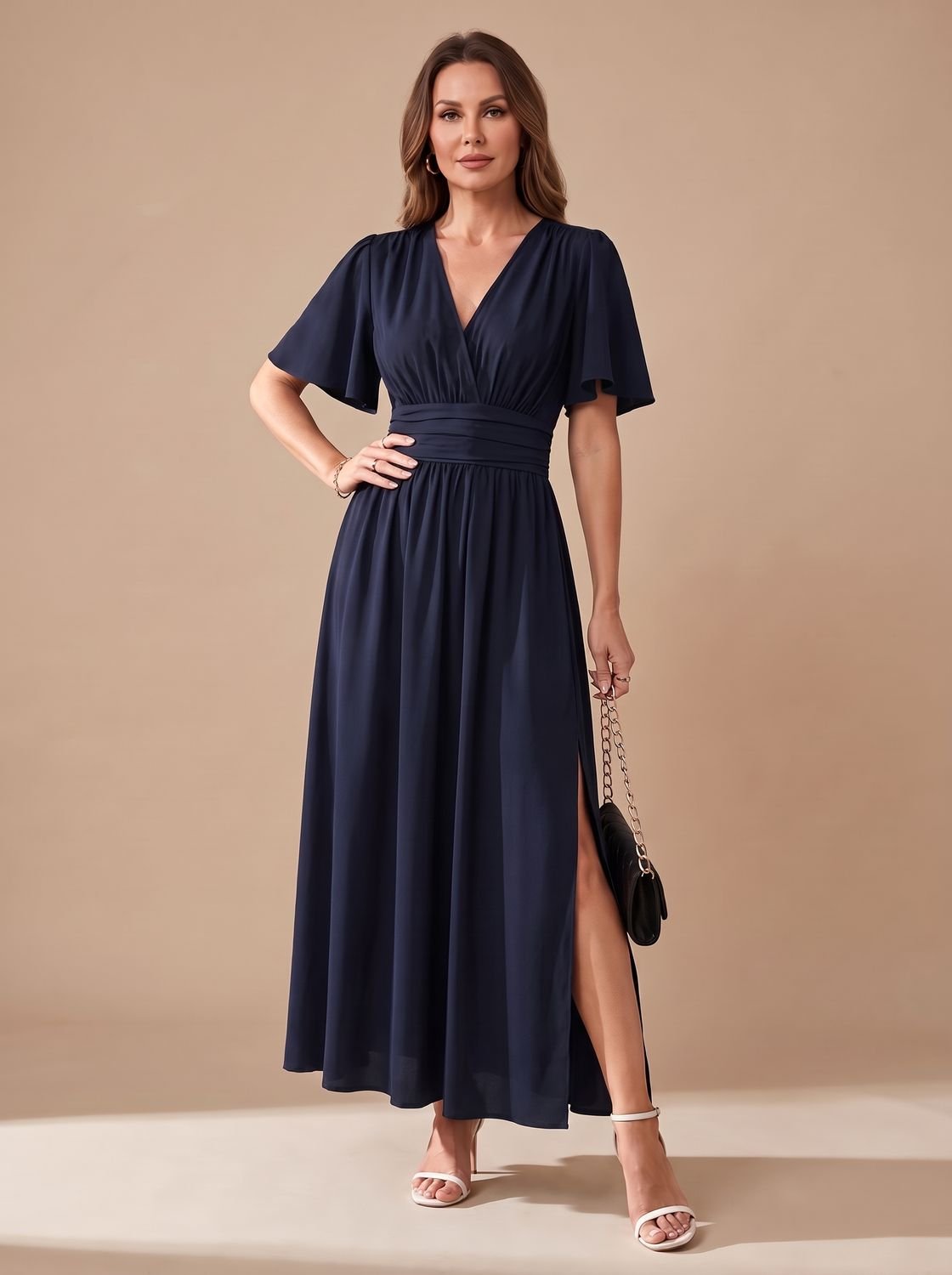 Maxi-jurk voor dames met V-hals, vlindermouwen, hoge taille en zijsplit