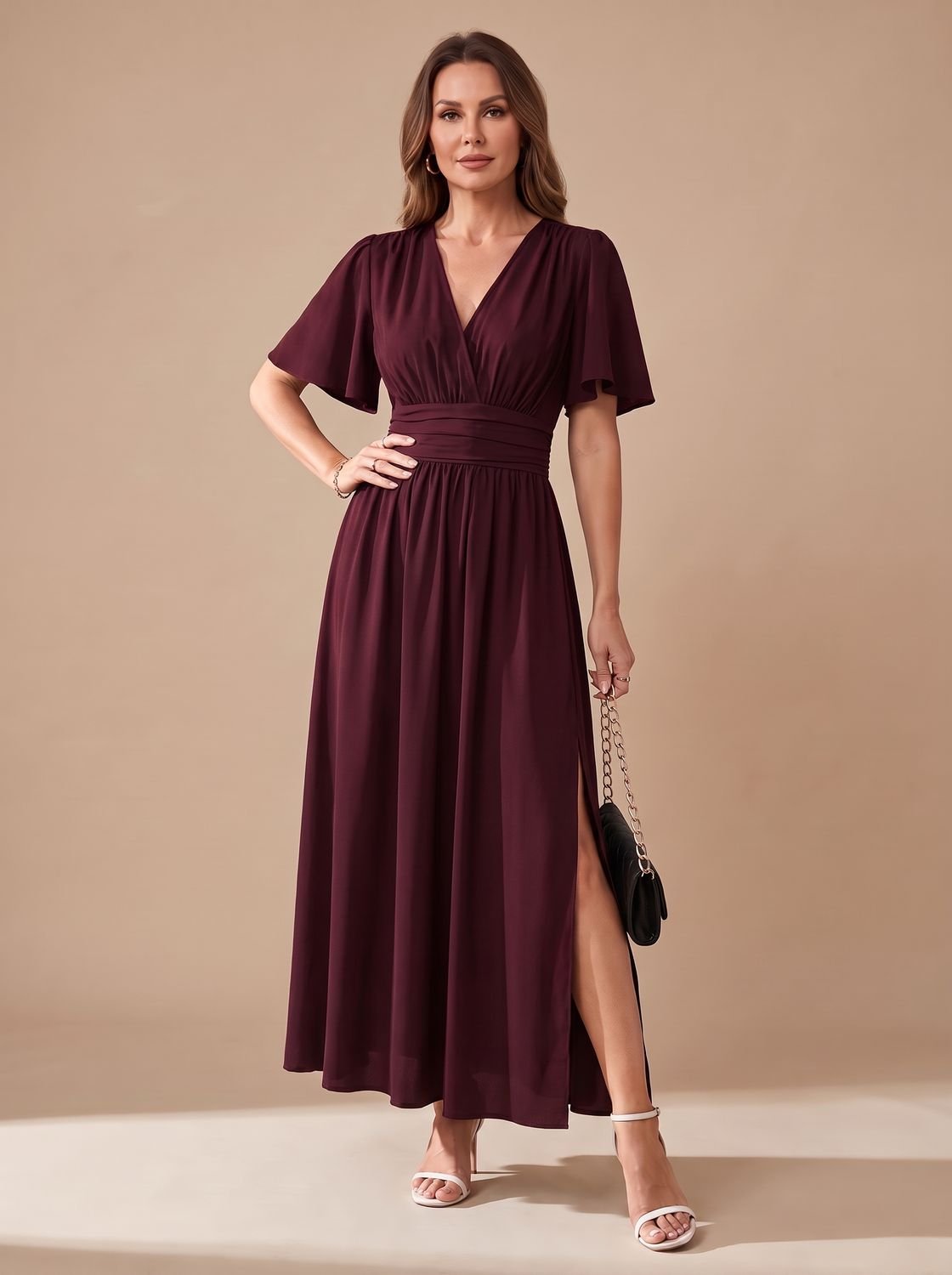 Maxi-jurk voor dames met V-hals, vlindermouwen, hoge taille en zijsplit