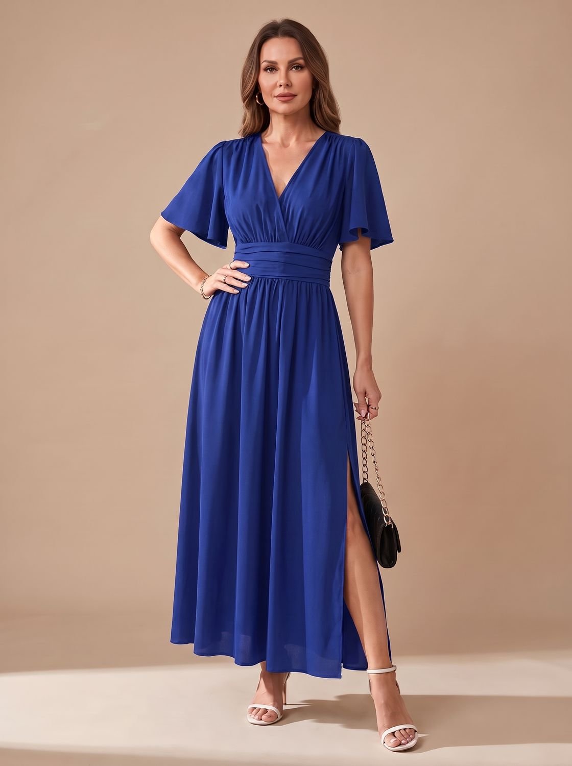 Maxi-jurk voor dames met V-hals, vlindermouwen, hoge taille en zijsplit