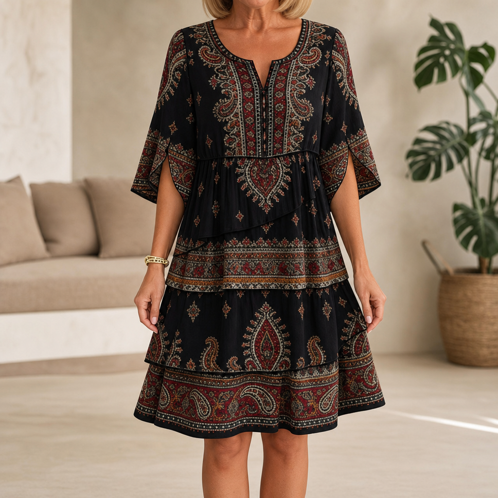 Midi-jurk met stroken, paisleyprint en splitmouwen