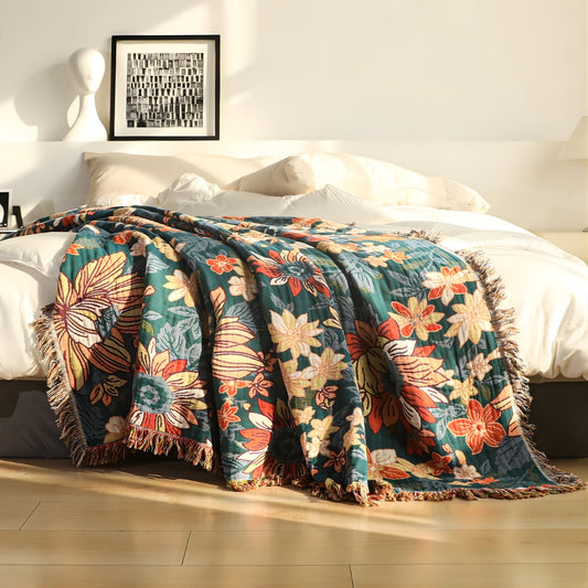 Modieuze Bloemen Katoenen Plaid met Franjes