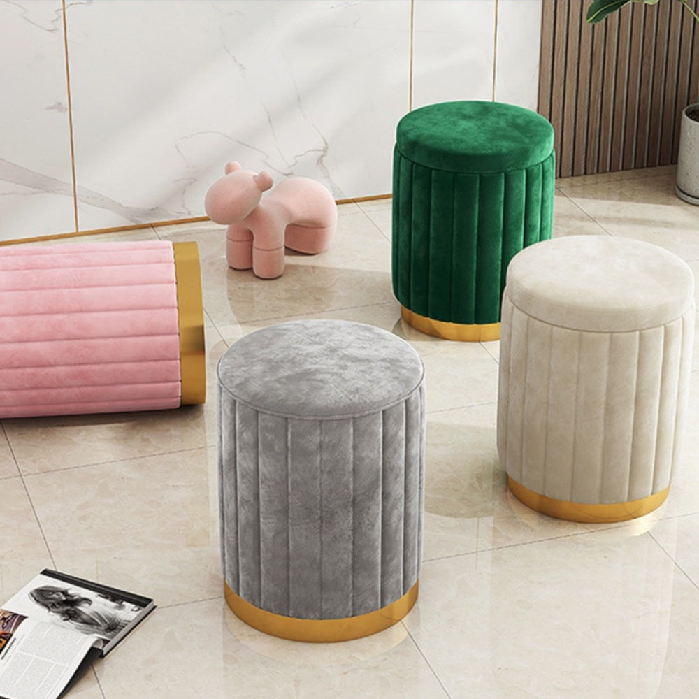 Nordic Chic Opberg Ottoman – Elegante Ronde Pouf met Opbergruimte en Spiegelafwerking