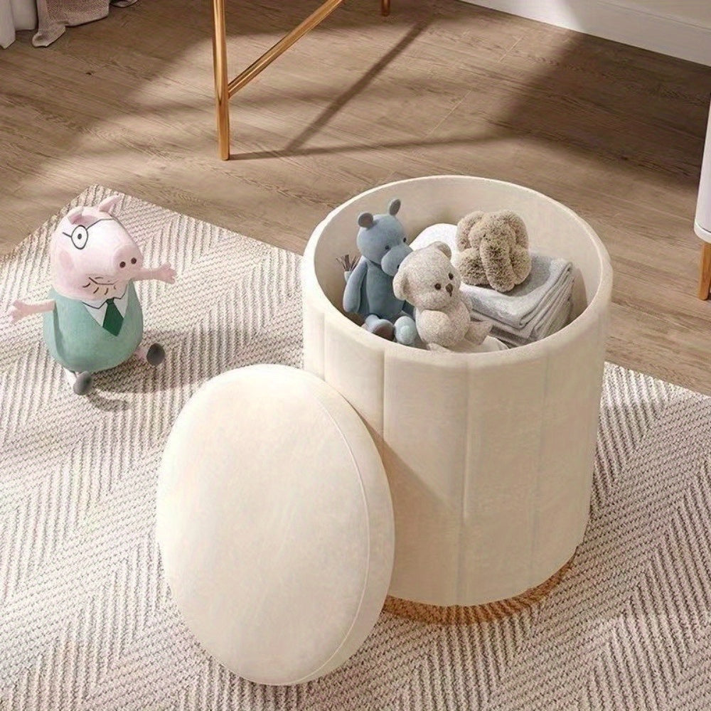 Nordic Chic Opberg Ottoman – Elegante Ronde Pouf met Opbergruimte en Spiegelafwerking