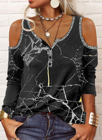 Off-shoulder henley top voor dames met lange mouwen, marmerprint en paillettenrand