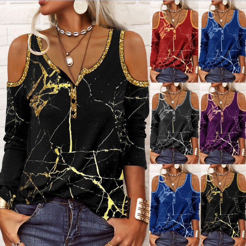 Off-shoulder henley top voor dames met lange mouwen, marmerprint en paillettenrand