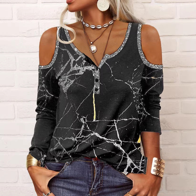 Off-shoulder henley top voor dames met lange mouwen, marmerprint en paillettenrand