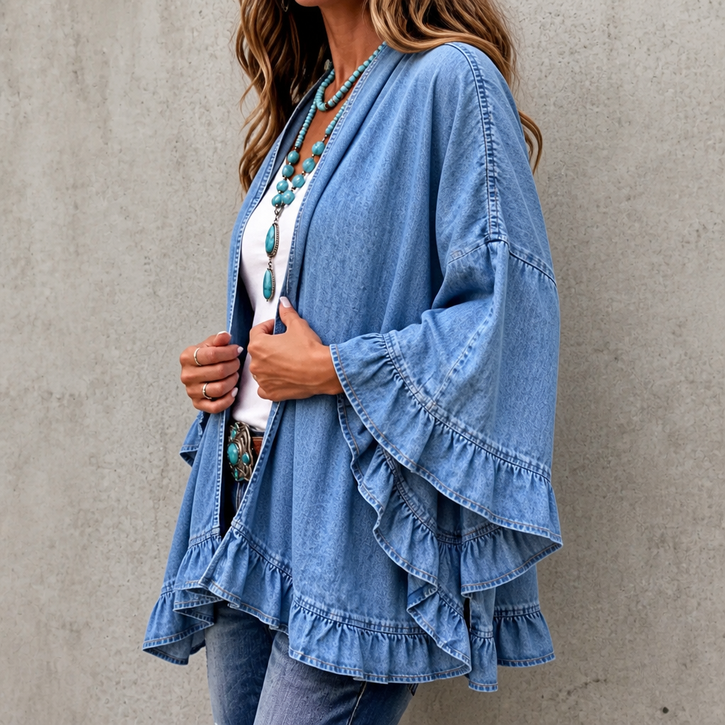 Open vest met denimlook en ruches