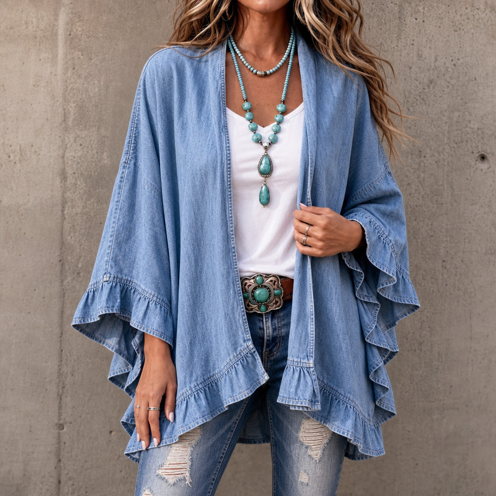 Open vest met denimlook en ruches