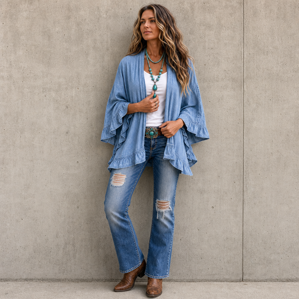 Open vest met denimlook en ruches