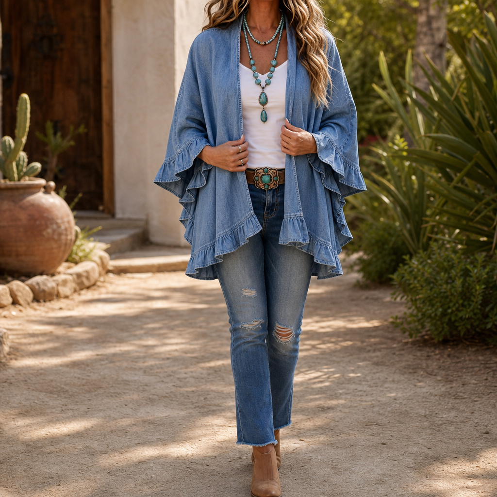 Open vest met denimlook en ruches