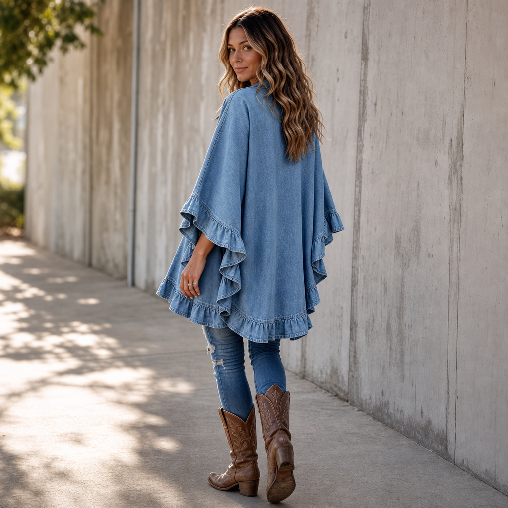 Open vest met denimlook en ruches