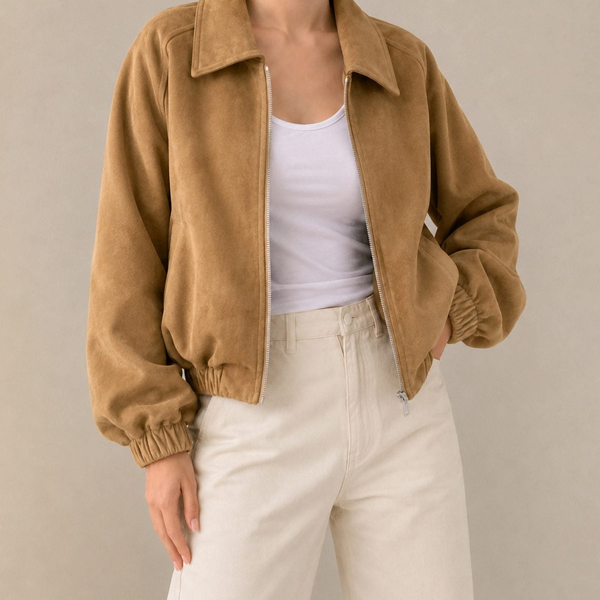 Oversized cropped damesjack van imitatiesuède met rits