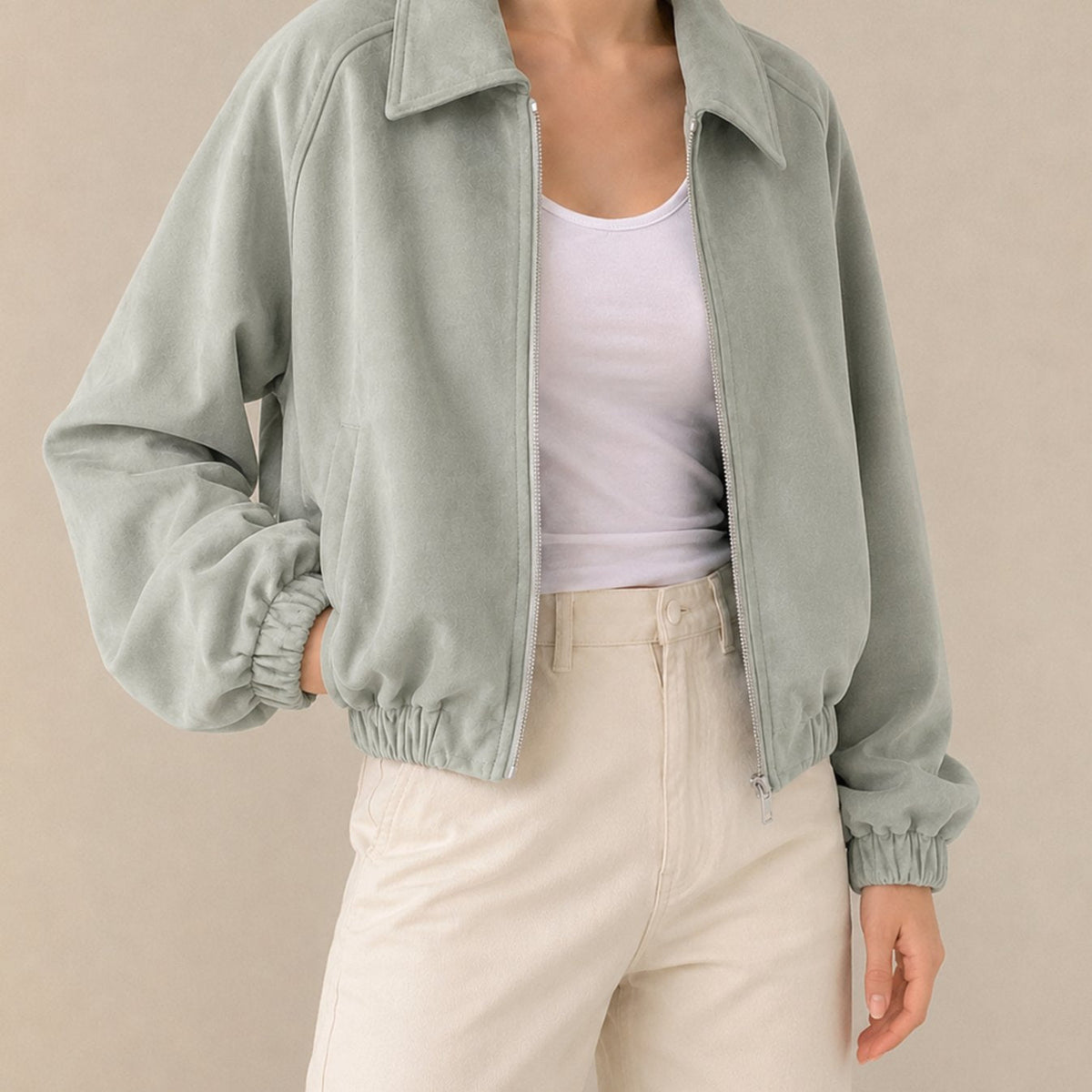 Oversized cropped damesjack van imitatiesuède met rits