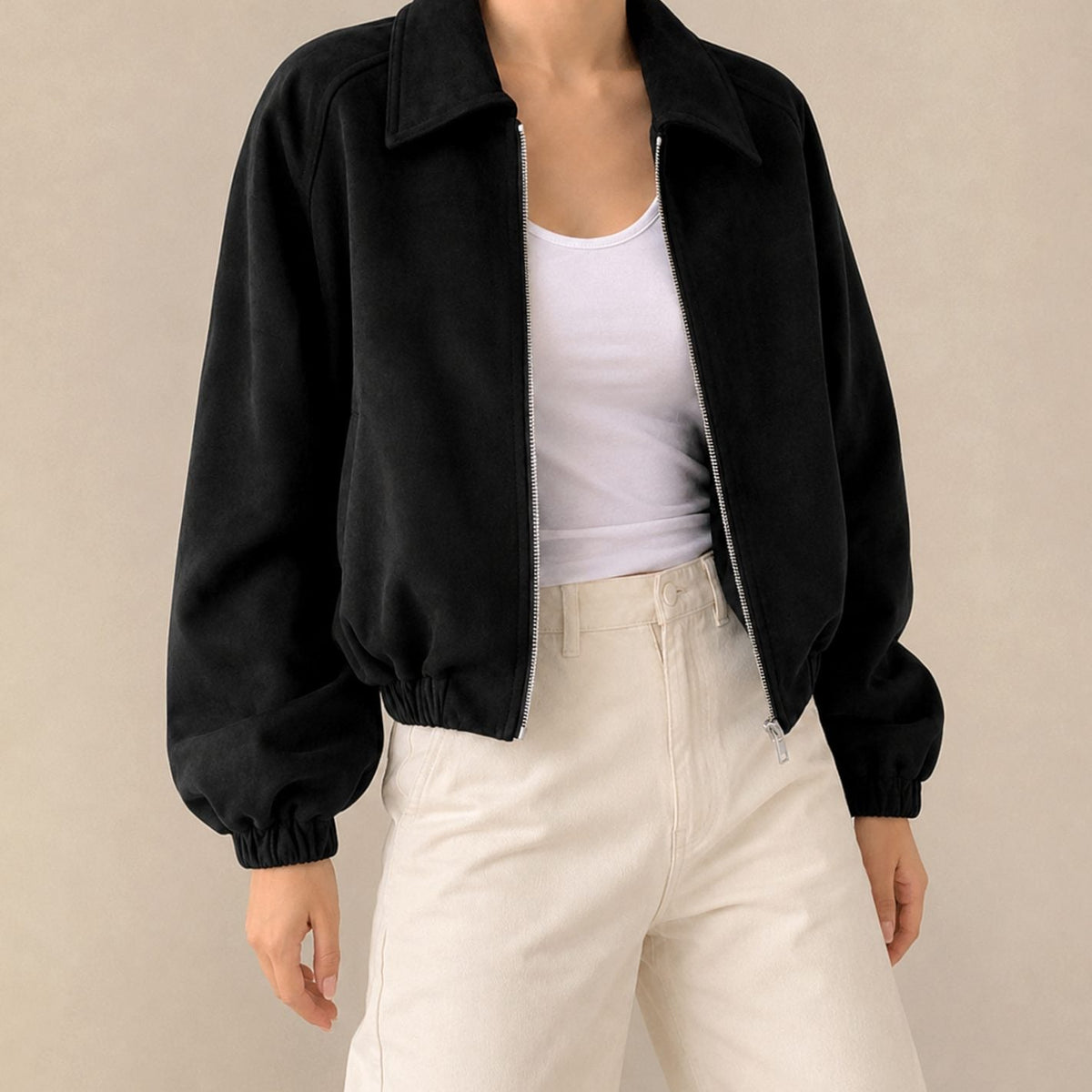 Oversized cropped damesjack van imitatiesuède met rits