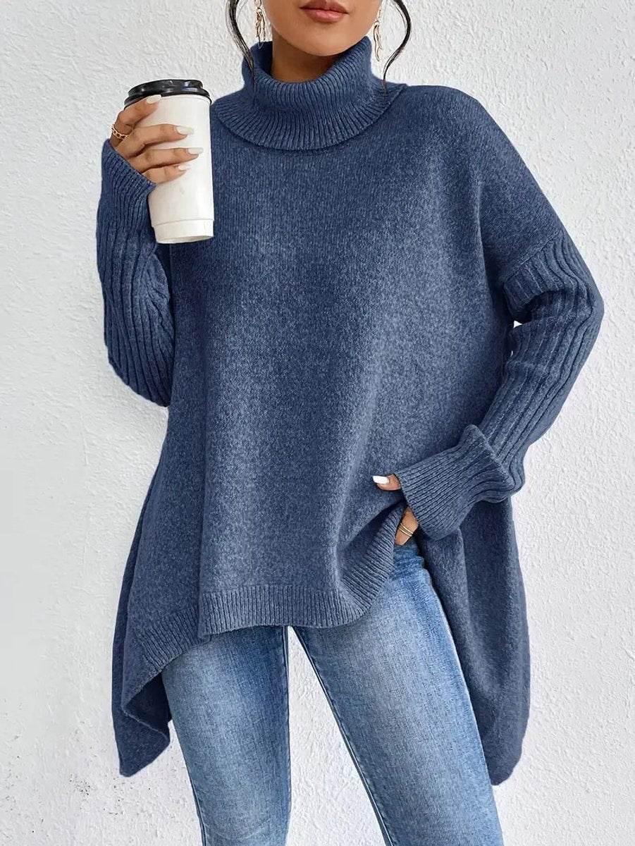 Oversized damestrui met geribde col – Comfortabel lang gebreid model in oceaanblauw, steengrijs, espressobruin, dennengroen en woestijnkhaki