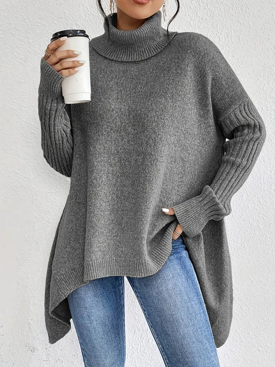 Oversized damestrui met geribde col – Comfortabel lang gebreid model in oceaanblauw, steengrijs, espressobruin, dennengroen en woestijnkhaki