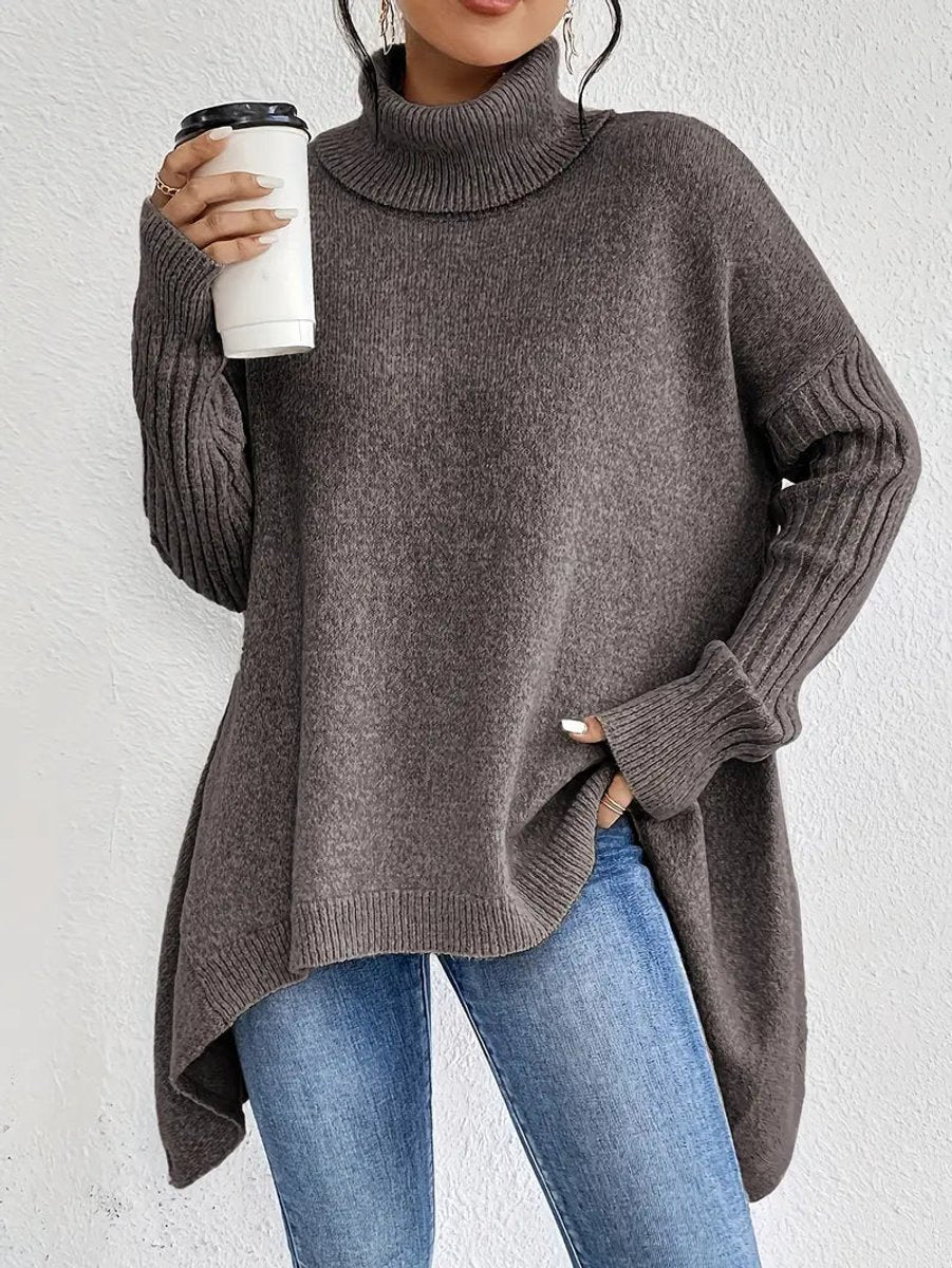 Oversized damestrui met geribde col – Comfortabel lang gebreid model in oceaanblauw, steengrijs, espressobruin, dennengroen en woestijnkhaki