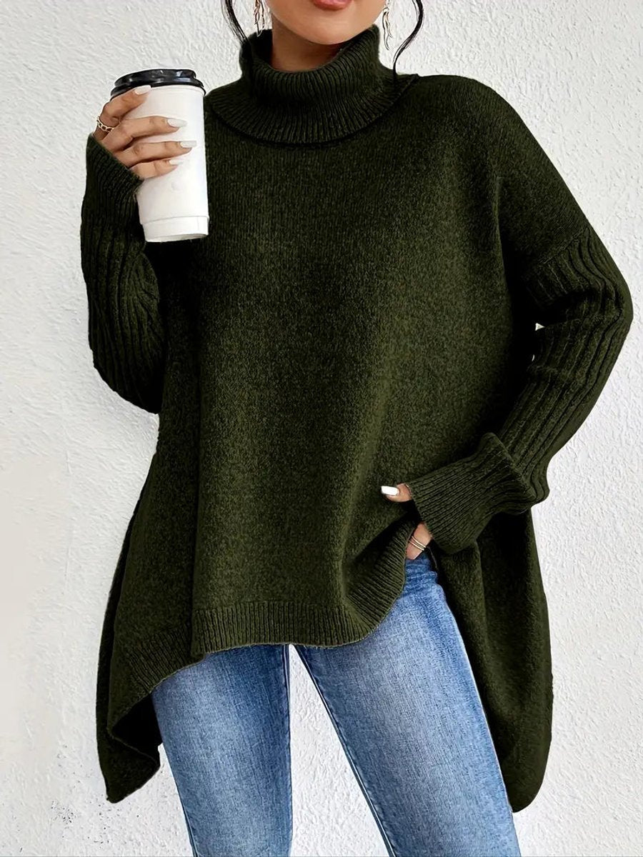 Oversized damestrui met geribde col – Comfortabel lang gebreid model in oceaanblauw, steengrijs, espressobruin, dennengroen en woestijnkhaki
