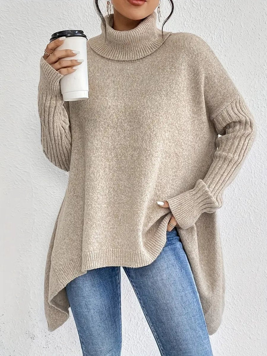 Oversized damestrui met geribde col – Comfortabel lang gebreid model in oceaanblauw, steengrijs, espressobruin, dennengroen en woestijnkhaki