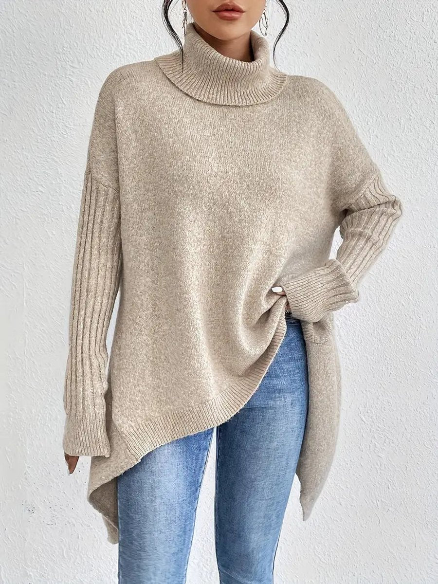 Oversized damestrui met geribde col – Comfortabel lang gebreid model in oceaanblauw, steengrijs, espressobruin, dennengroen en woestijnkhaki