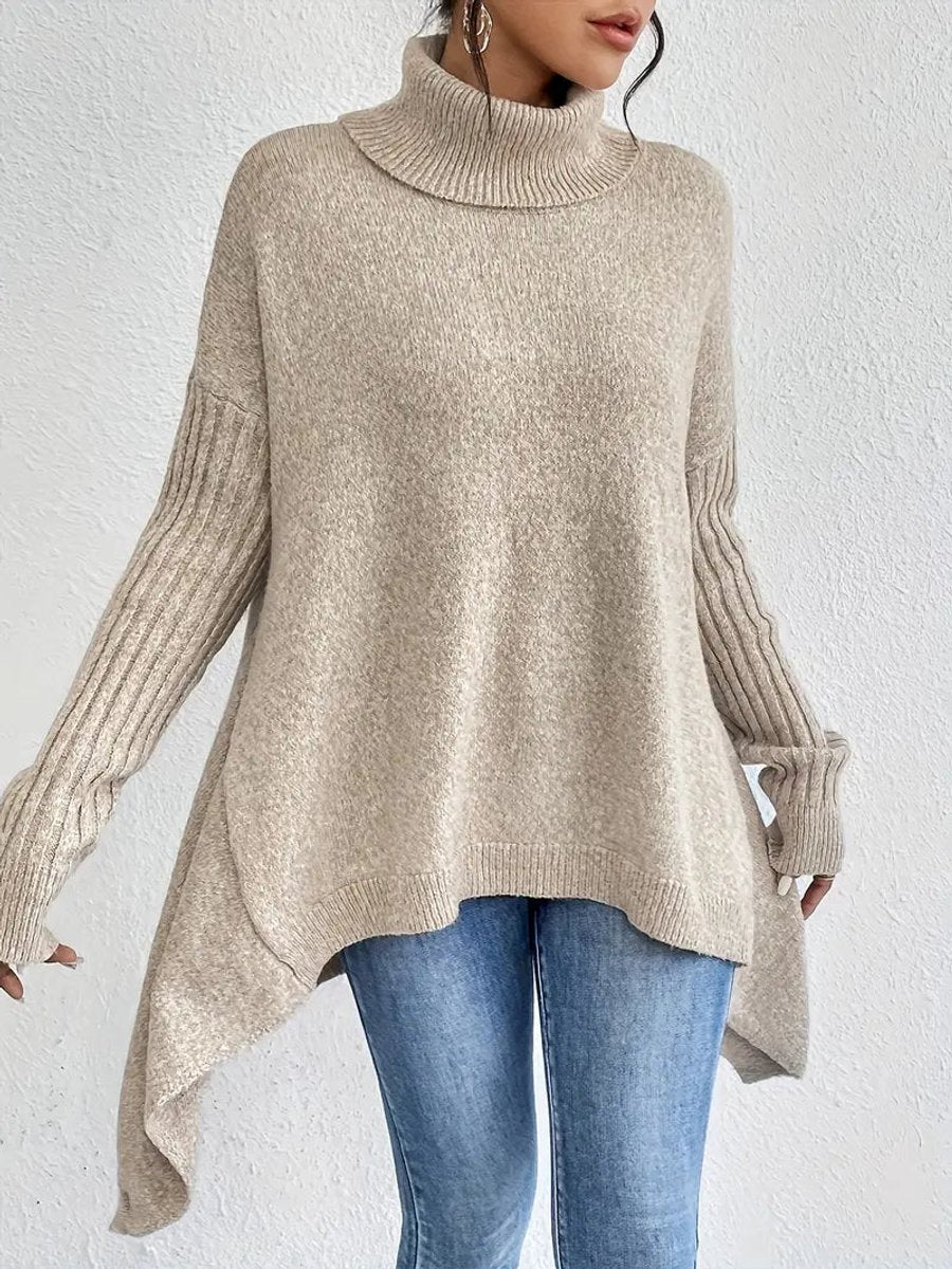 Oversized damestrui met geribde col – Comfortabel lang gebreid model in oceaanblauw, steengrijs, espressobruin, dennengroen en woestijnkhaki