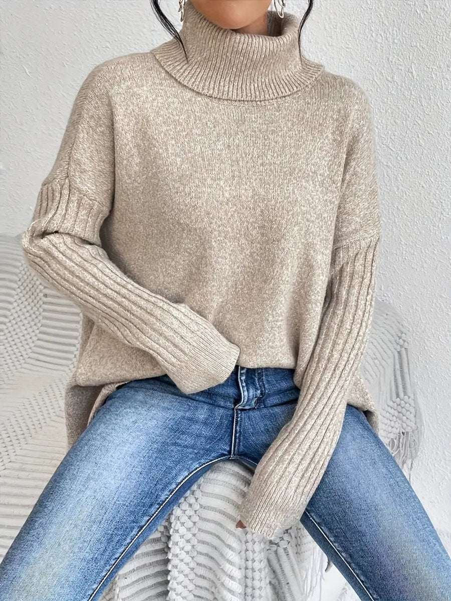 Oversized damestrui met geribde col – Comfortabel lang gebreid model in oceaanblauw, steengrijs, espressobruin, dennengroen en woestijnkhaki