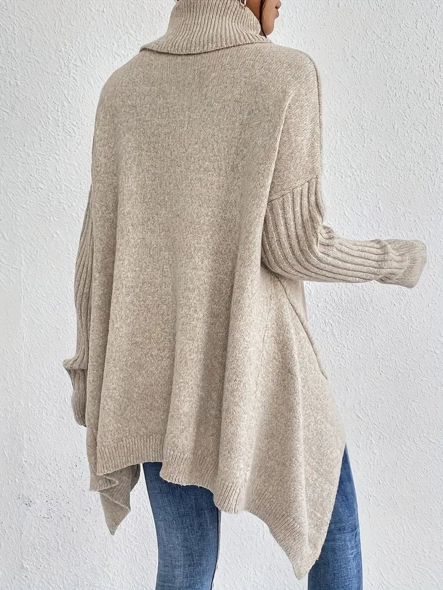 Oversized damestrui met geribde col – Comfortabel lang gebreid model in oceaanblauw, steengrijs, espressobruin, dennengroen en woestijnkhaki
