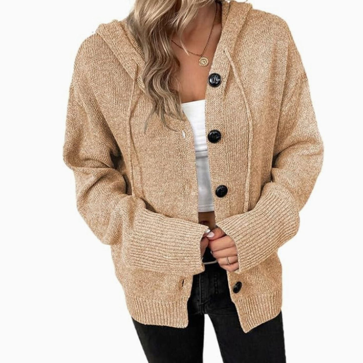 Oversized damesvest met capuchon en knoopsluiting