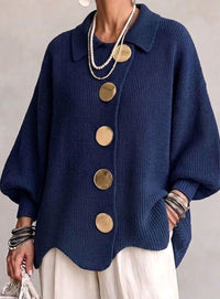 Oversized gebreid damesvest met gouden knopen en lantaarnmouwen