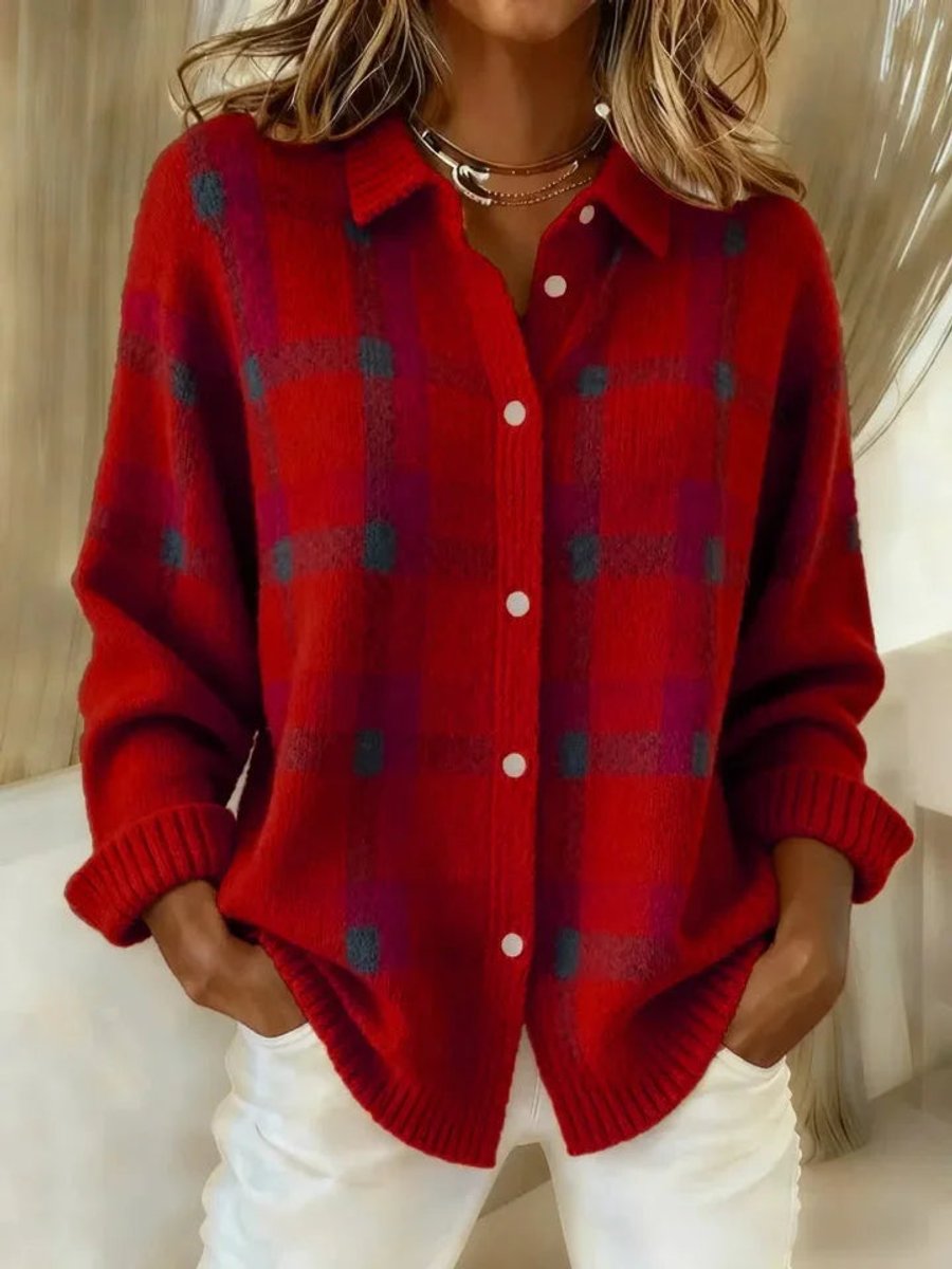 Oversized geruit gebreid vest voor dames met knoopsluiting
